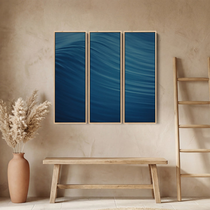 Flowing Blue Abstract Wave Oversized Triptych Wall Art For Hallway