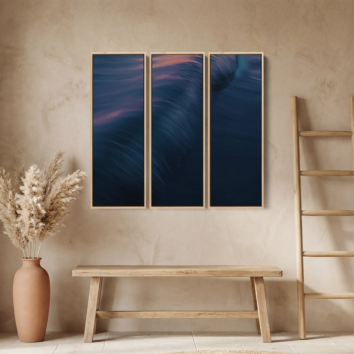 Set Of 3 Wall Art With Rolling Ocean Wave For Living Room In Blue Pink