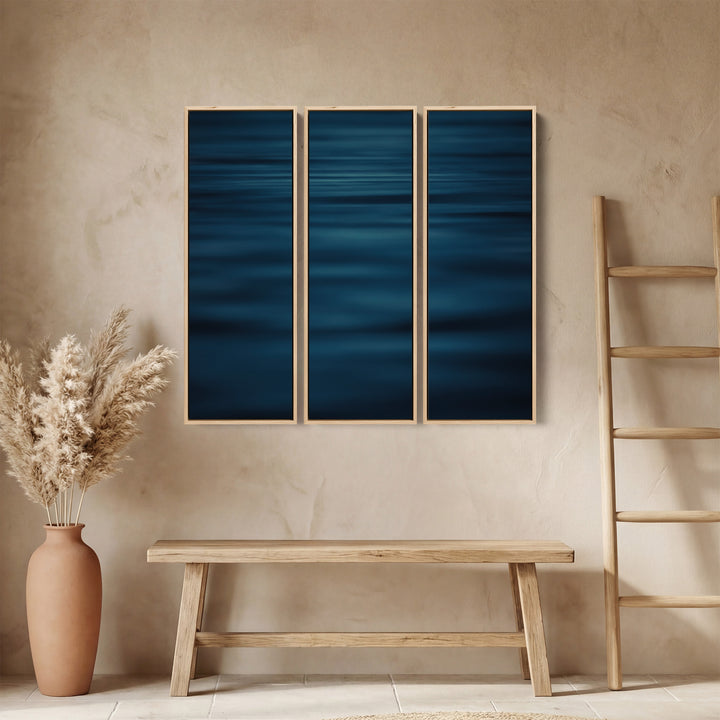 Three Panel Wall Art With Blurred Calm Sea For Office In Deep Blue