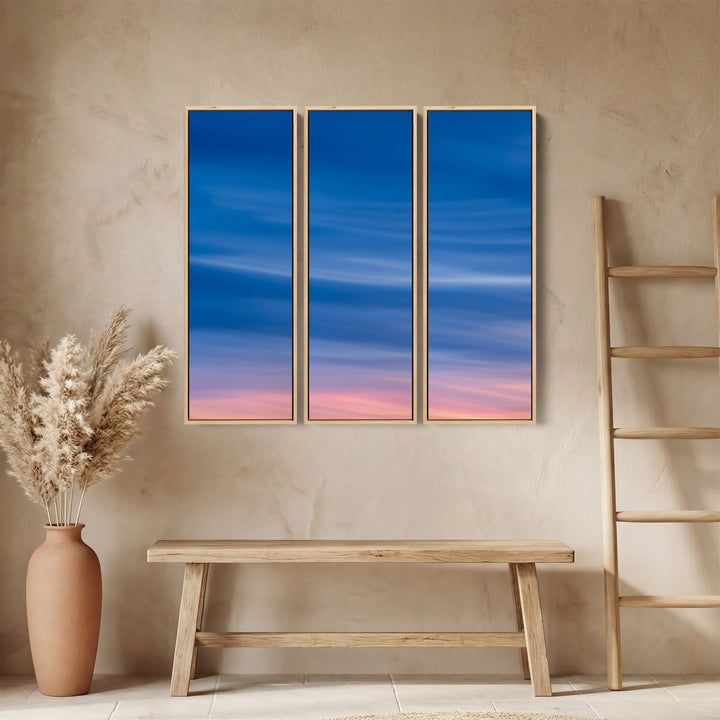 Soft Blue Pink Sky Vertical Triptych Wall Art For Bedroom