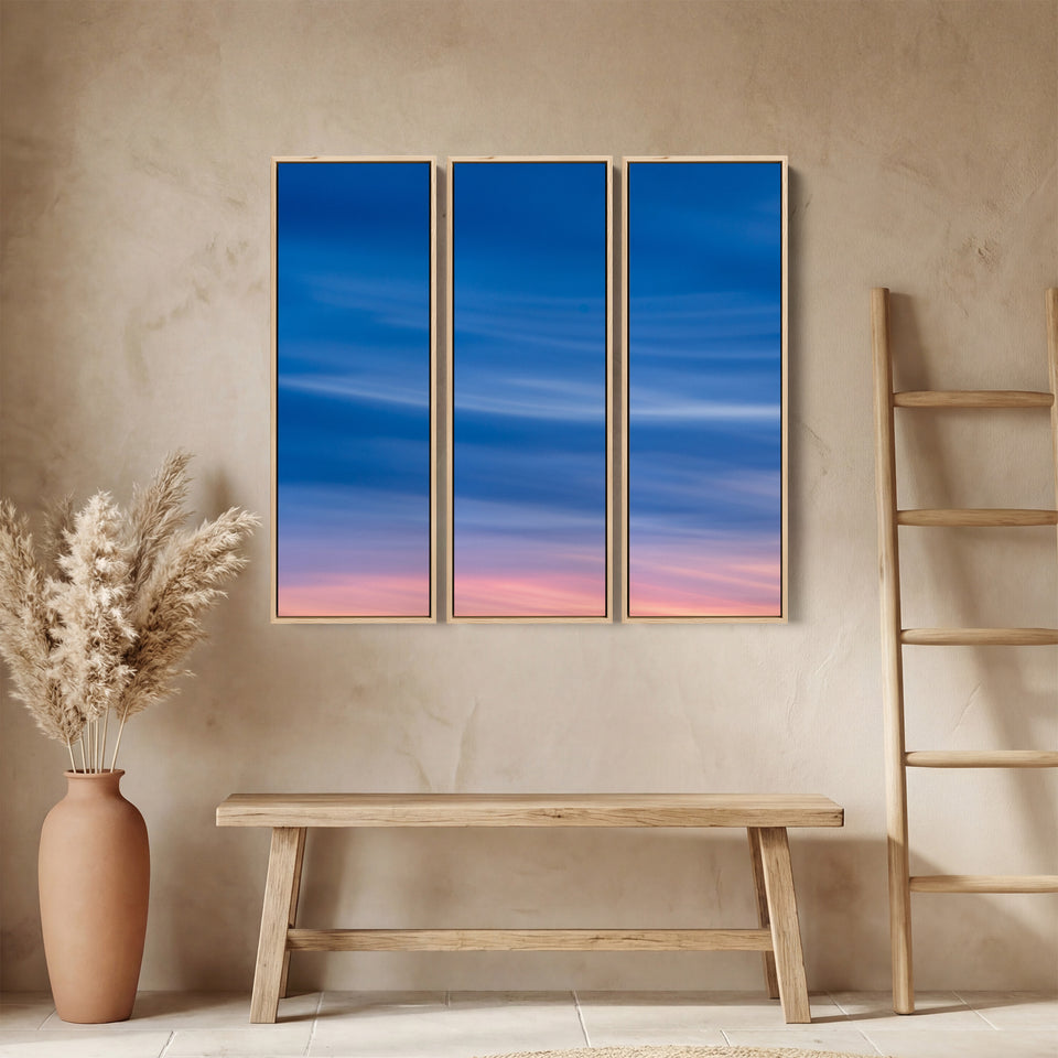 Soft Blue Pink Sky Vertical Triptych Wall Art For Bedroom