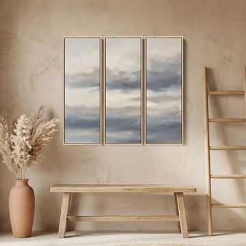 Grey Sky Oversized Triptych Wall Art For Bedroom With Soft Clouds