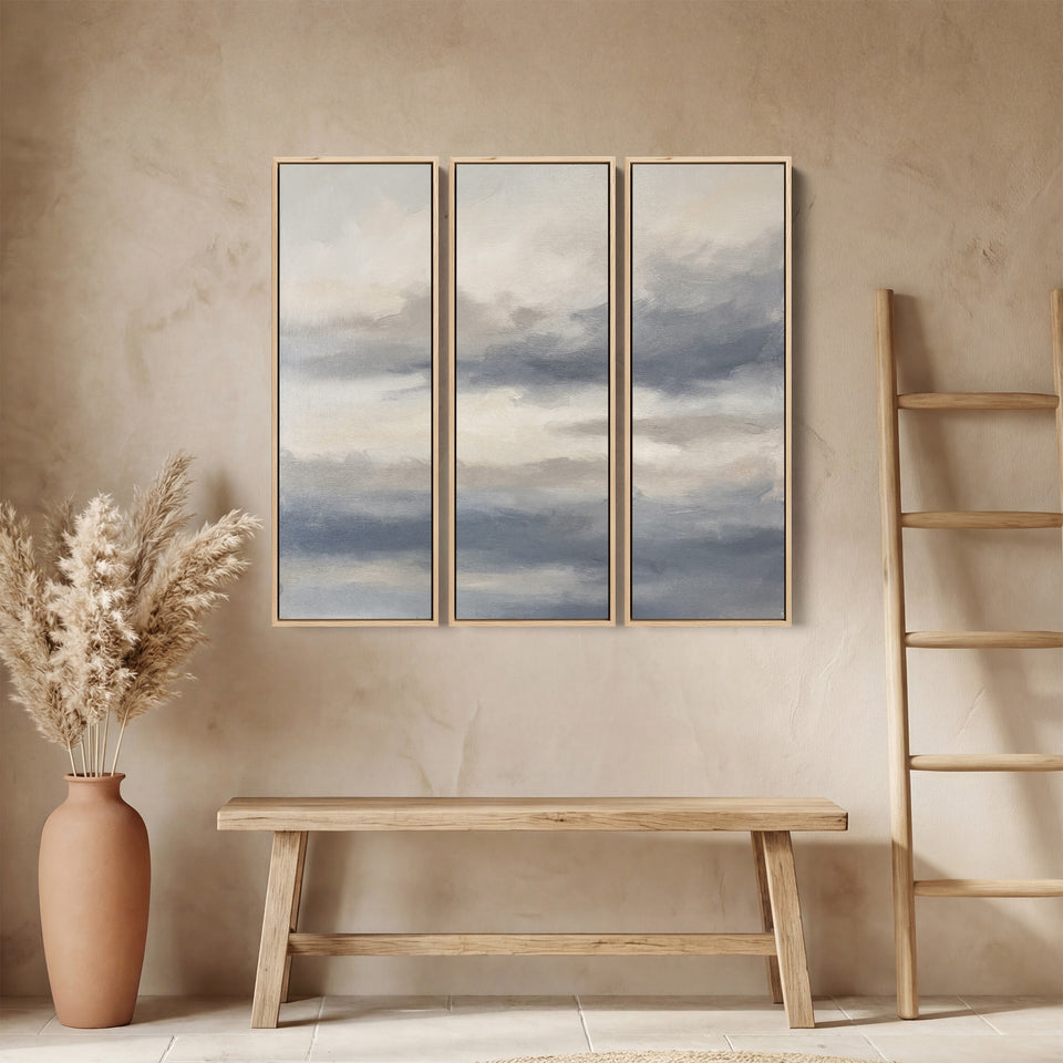 Grey Sky Oversized Triptych Wall Art For Bedroom With Soft Clouds