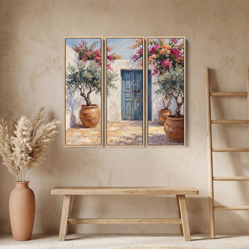 Set Of 3 Wall Art With Blue Doors And Olive Trees For Hallway