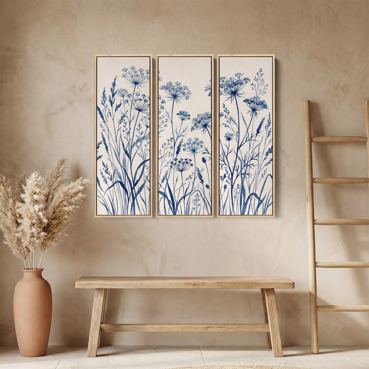 3 Piece Wall Art Set With Blue Wildflowers For Dining Room