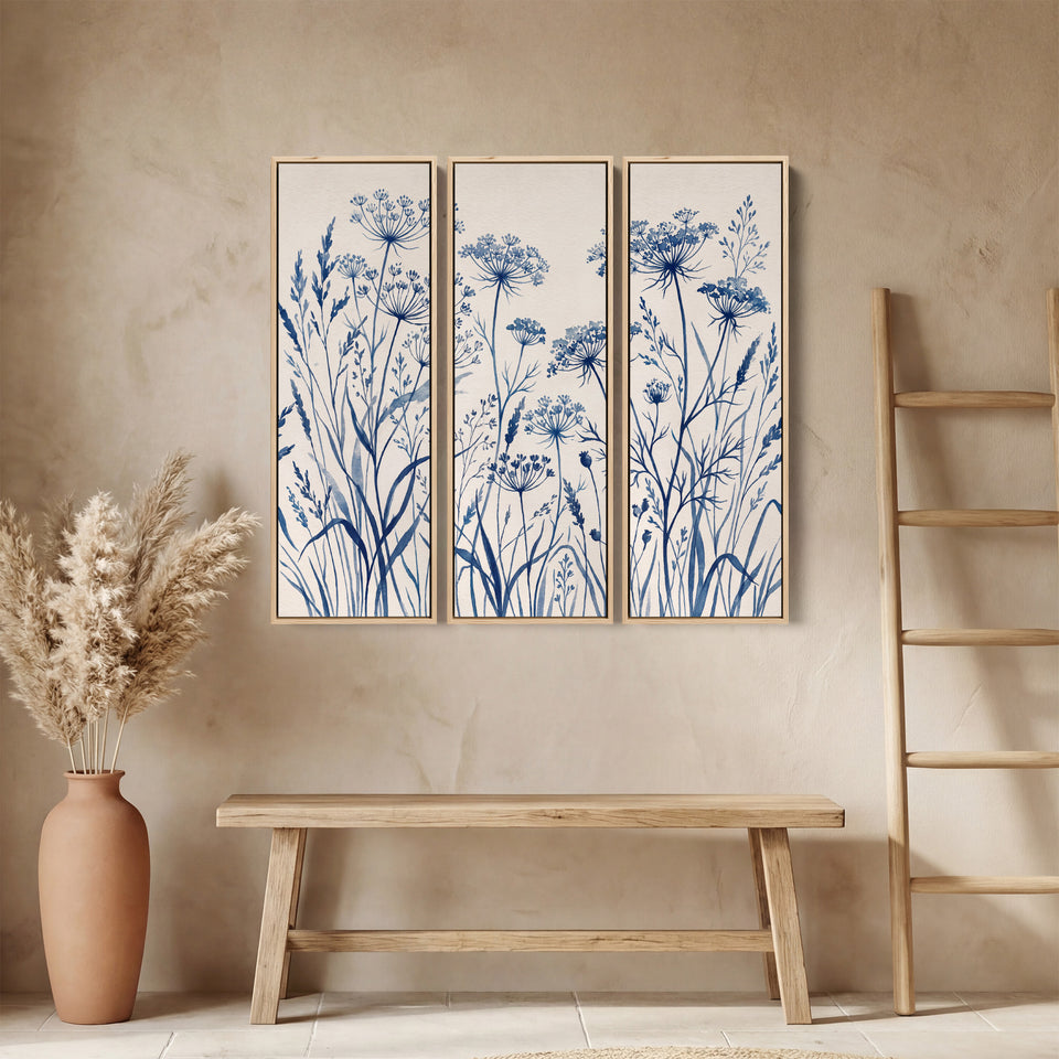 3 Piece Wall Art Set With Blue Wildflowers For Dining Room