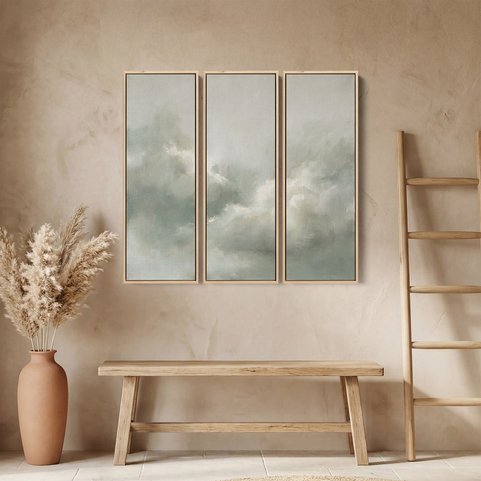 Soft Green Cloud Three Panel Wall Art For Office Calm