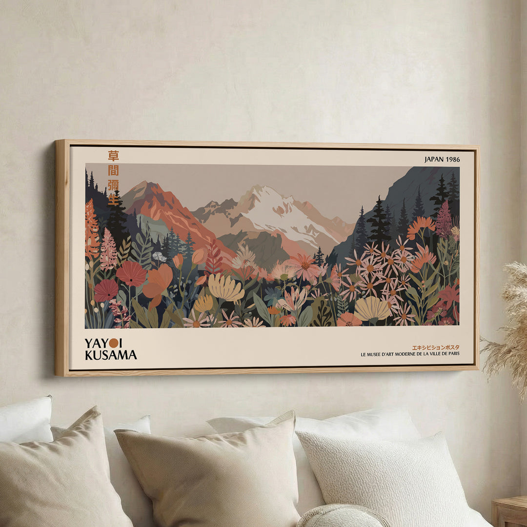 Yayoi Kusama Wide Canvas Mountain Meadow With Flowers Panoramic Canvas Print For Office