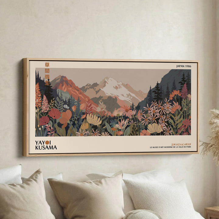 Yayoi Kusama Wide Canvas Mountain Meadow With Flowers Panoramic Canvas Print For Office