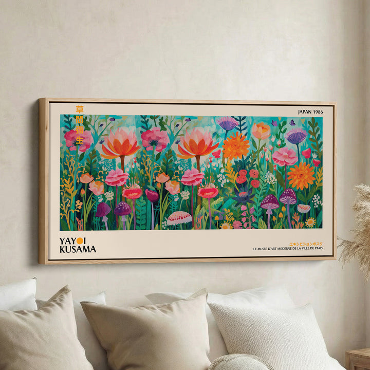 Yayoi Kusama Panoramic Wall Art Floral Garden With Mushrooms Statement Wall Decor For Kitchen