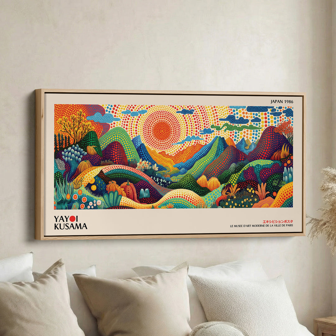 Yayoi Kusama Wide Canvas Dotted Mountain Landscape With Sun Panoramic Canvas Print For Living Room