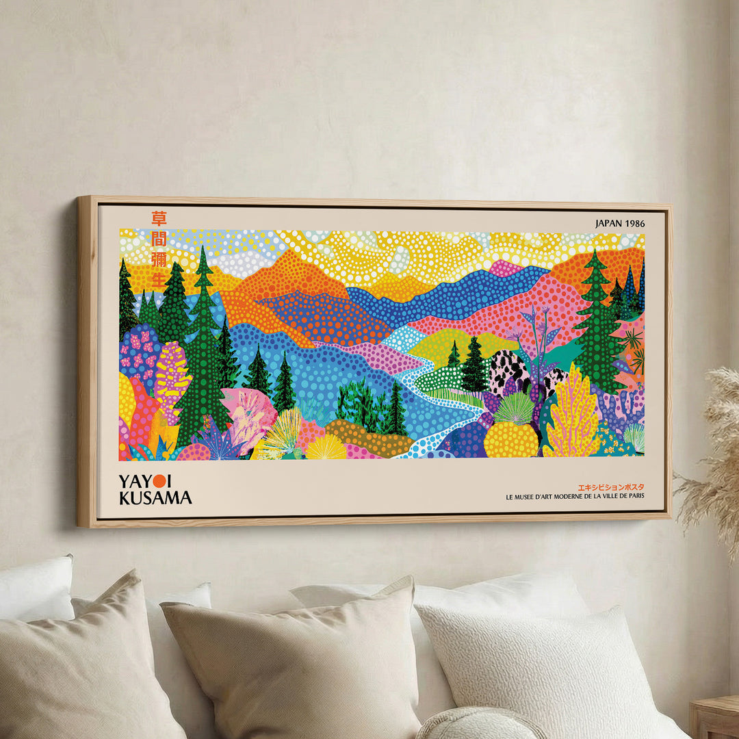 Yayoi Kusama Horizontal Wall Art Colourful Dotted Mountain Landscape Panoramic Canvas Print For Living Room