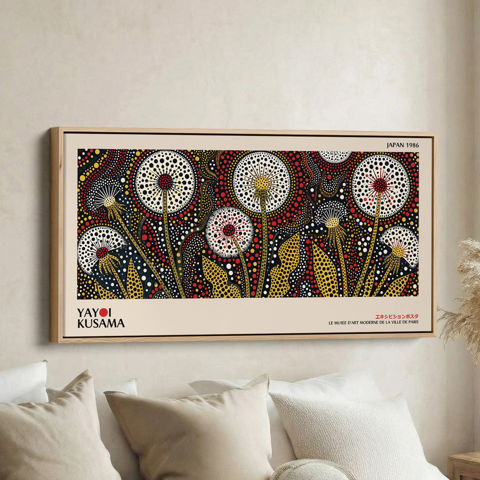 Yayoi Kusama Wide Wall Art Dotted Dandelion Flowers Statement Wall Decor For Bedroom