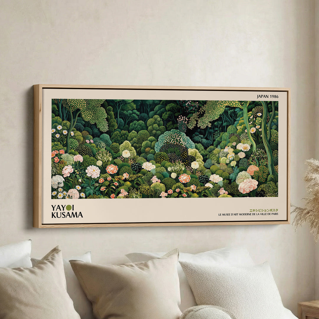 Yayoi Kusama Panoramic Wall Art Dense Green Floral Garden Framed Canvas Print For Living Room