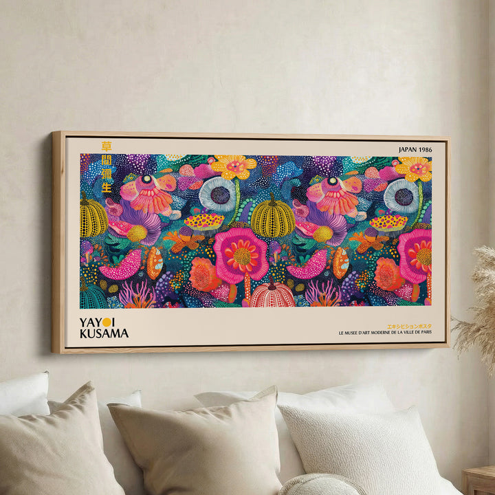 Yayoi Kusama Wide Framed Canvas Vibrant Dotted Floral Collage Extra Wide Canvas For Kitchen