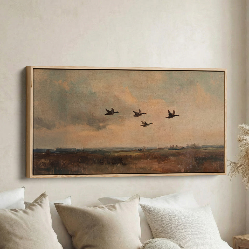 Wide Canvas Flying Ducks Landscape Panoramic Canvas Print For Hallway