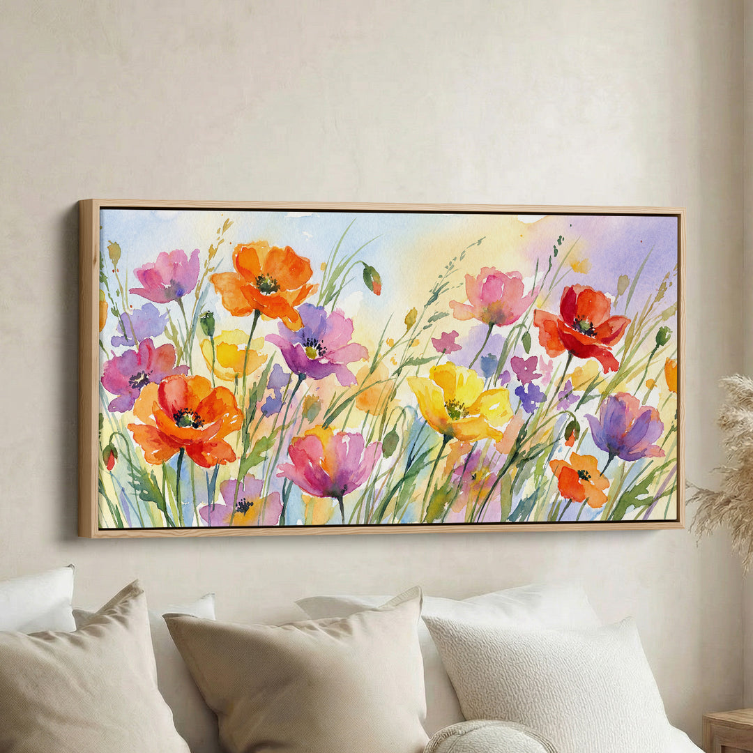 Wide Wall Art Wildflower Meadow Horizontal Canvas Print For Bedroom