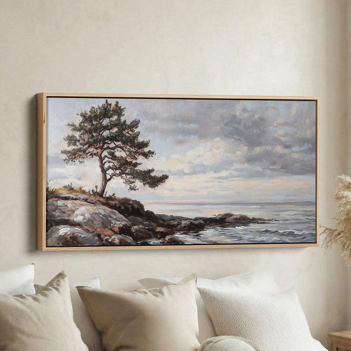 Wide Framed Canvas Coastal Tree And Sea Oversized Wall Decor For Hallway