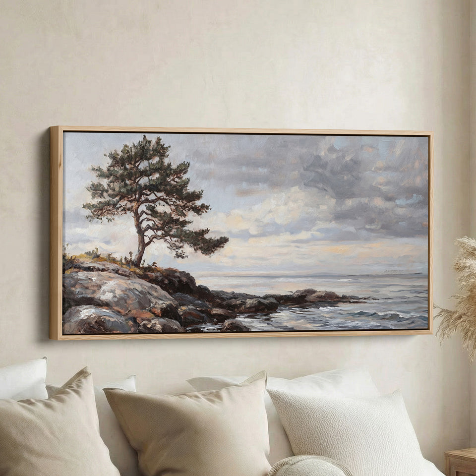 Wide Framed Canvas Coastal Tree And Sea Oversized Wall Decor For Hallway
