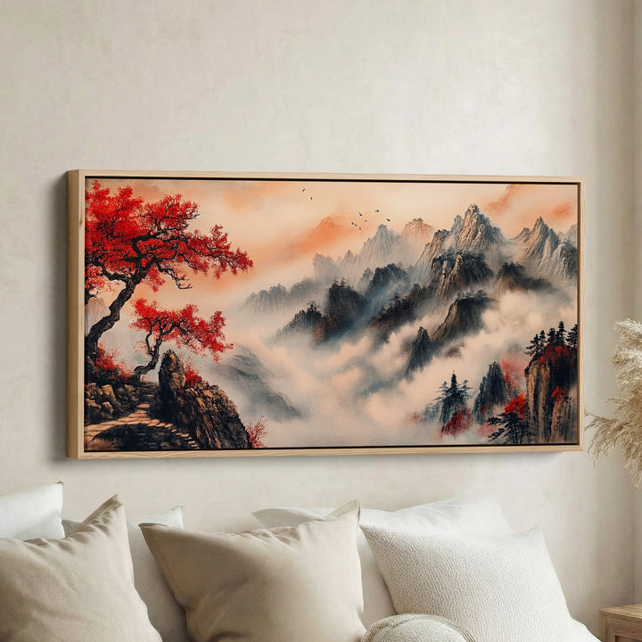Long Wall Art Red Tree Mountain Landscape Panoramic Canvas Print For Living Room