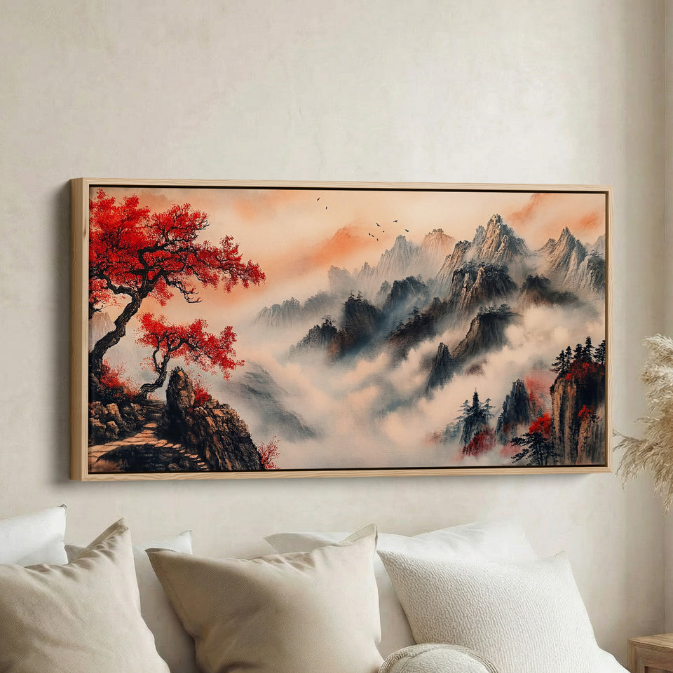 Long Wall Art Red Tree Mountain Landscape Panoramic Canvas Print For Living Room