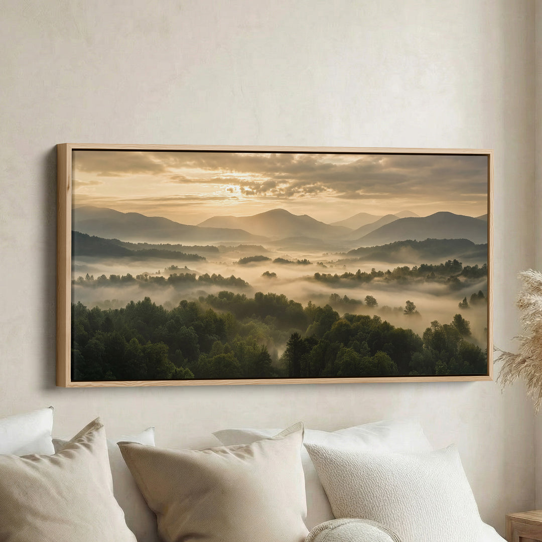 Wide Wall Art Misty Valley Sunrise Horizontal Canvas Print For Office