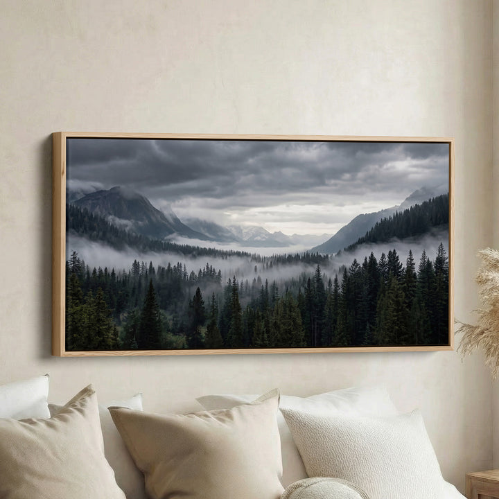 Large Wall Art Mountain Forest With Fog Extra Wide Canvas For Living Room