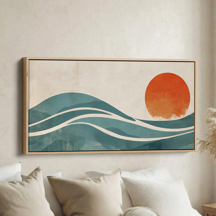 Panoramic Wall Art Minimalist Sun And Waves Framed Canvas Print For Hallway