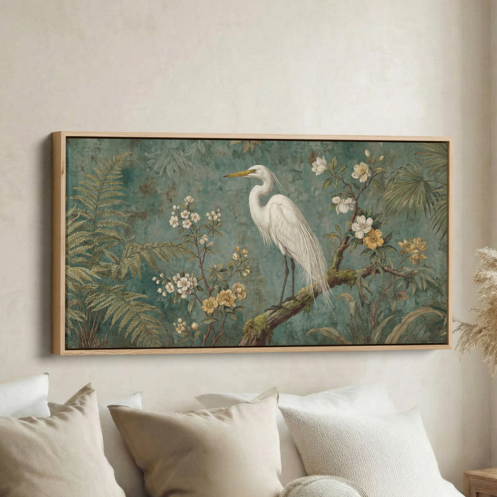 White Heron Horizontal Wall Art Framed Canvas Print For Bedroom