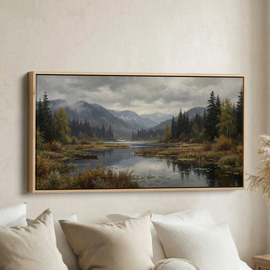 Mountain Lake Above Bed Wall Art Panoramic Canvas Print For Living Room