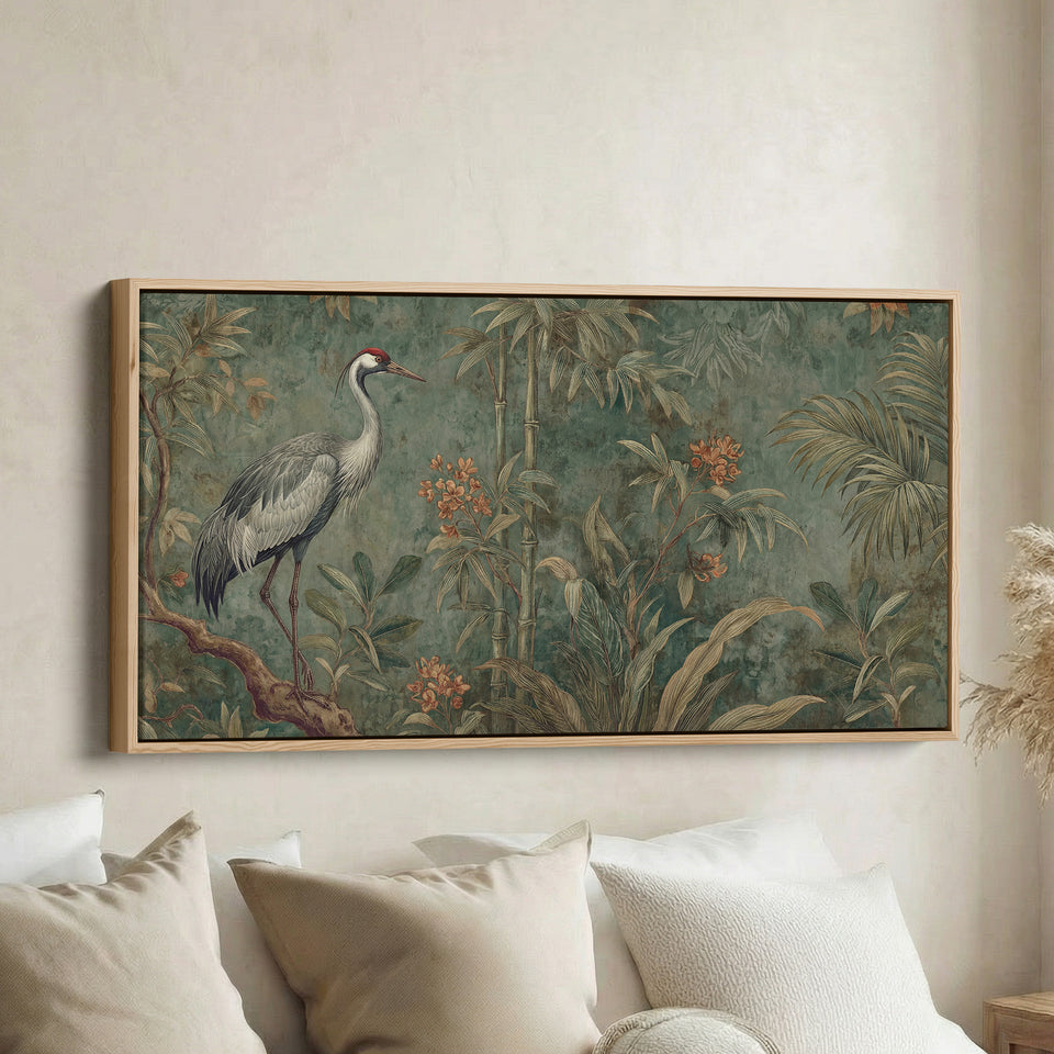 Crane With Bamboo Bedroom Wall Art Extra Wide Canvas For Office