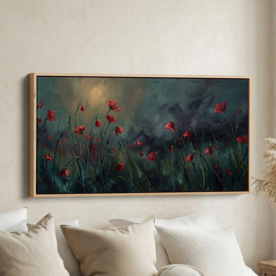 Red Poppies Panoramic Wall Art Horizontal Canvas Print For Bedroom