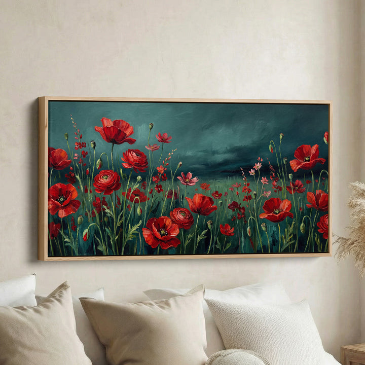 Blooming Poppy Field Wide Framed Canvas Statement Wall Decor For Living Room