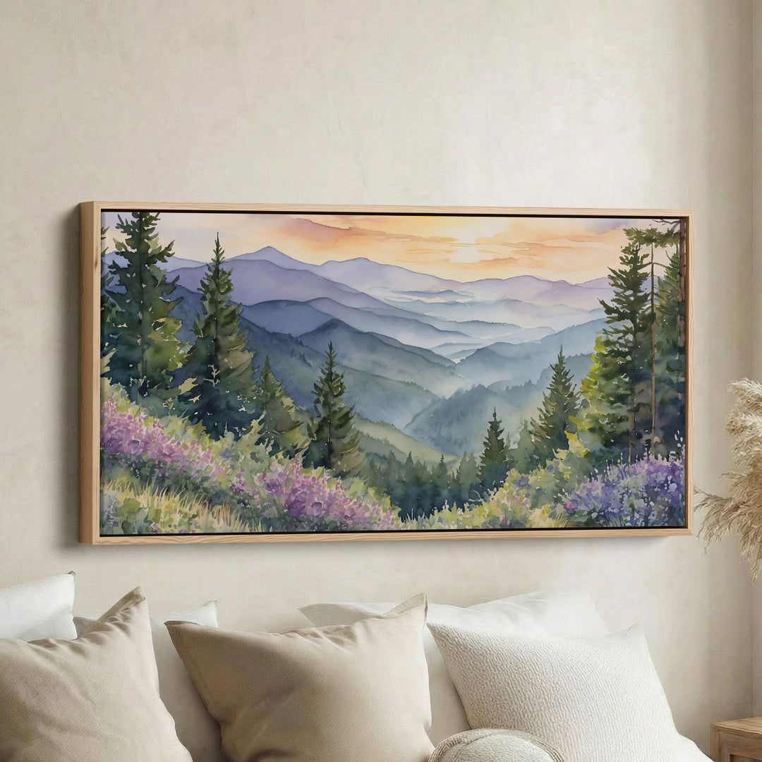 Mountain Valley Landscape Horizontal Wall Art Panoramic Canvas Print For Office