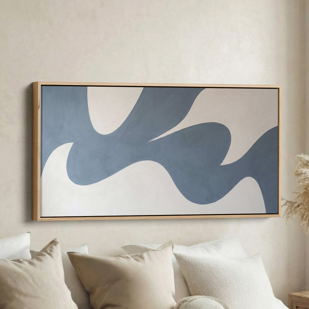 Blue Abstract Flowing Shape Horizontal Wall Art Framed Canvas Print For Living Room