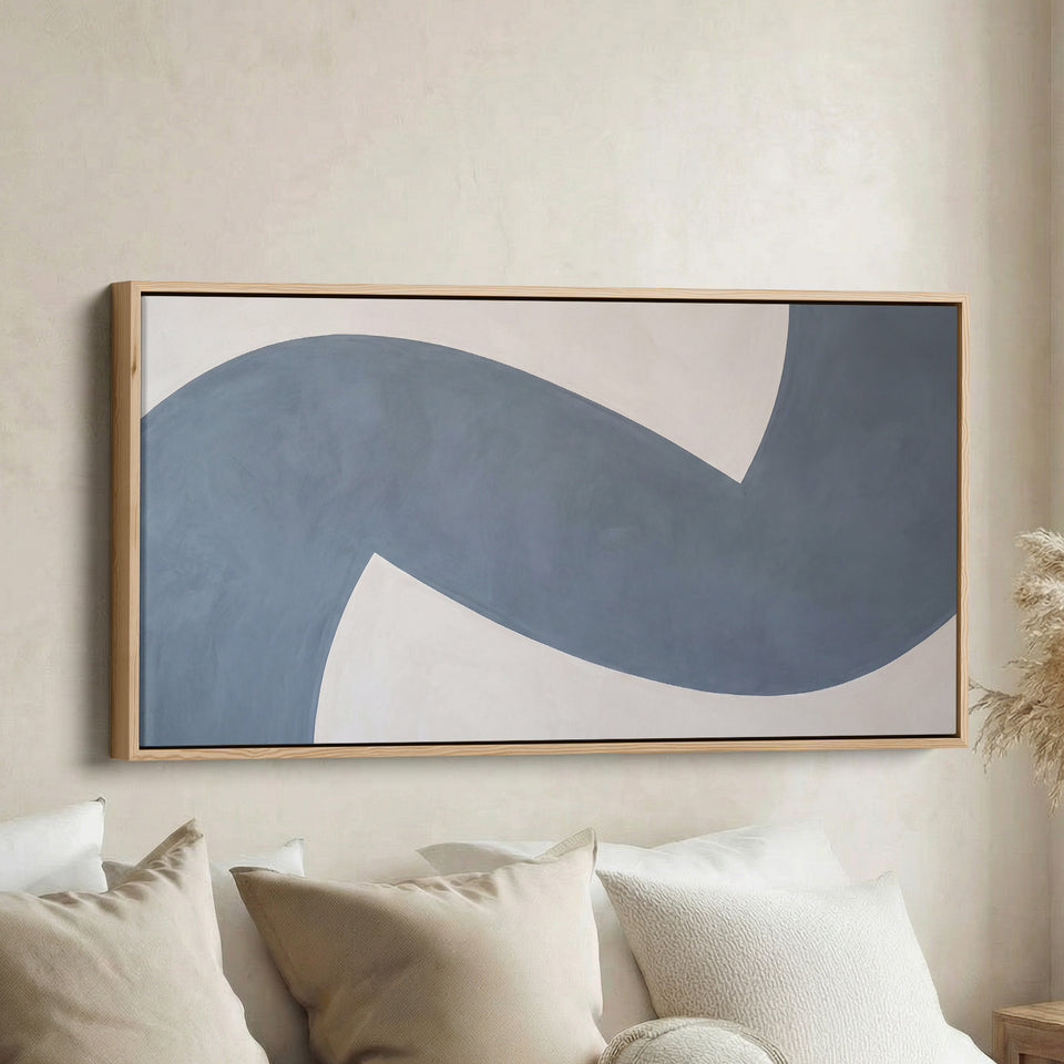 Blue Curved Abstract Form Above Bed Wall Art Horizontal Canvas Print For Bedroom