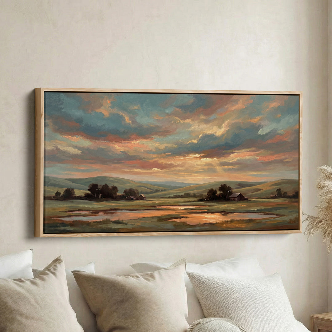 Sunset Countryside Landscape Above Soft Wall Art Panoramic Canvas Print For Living Room