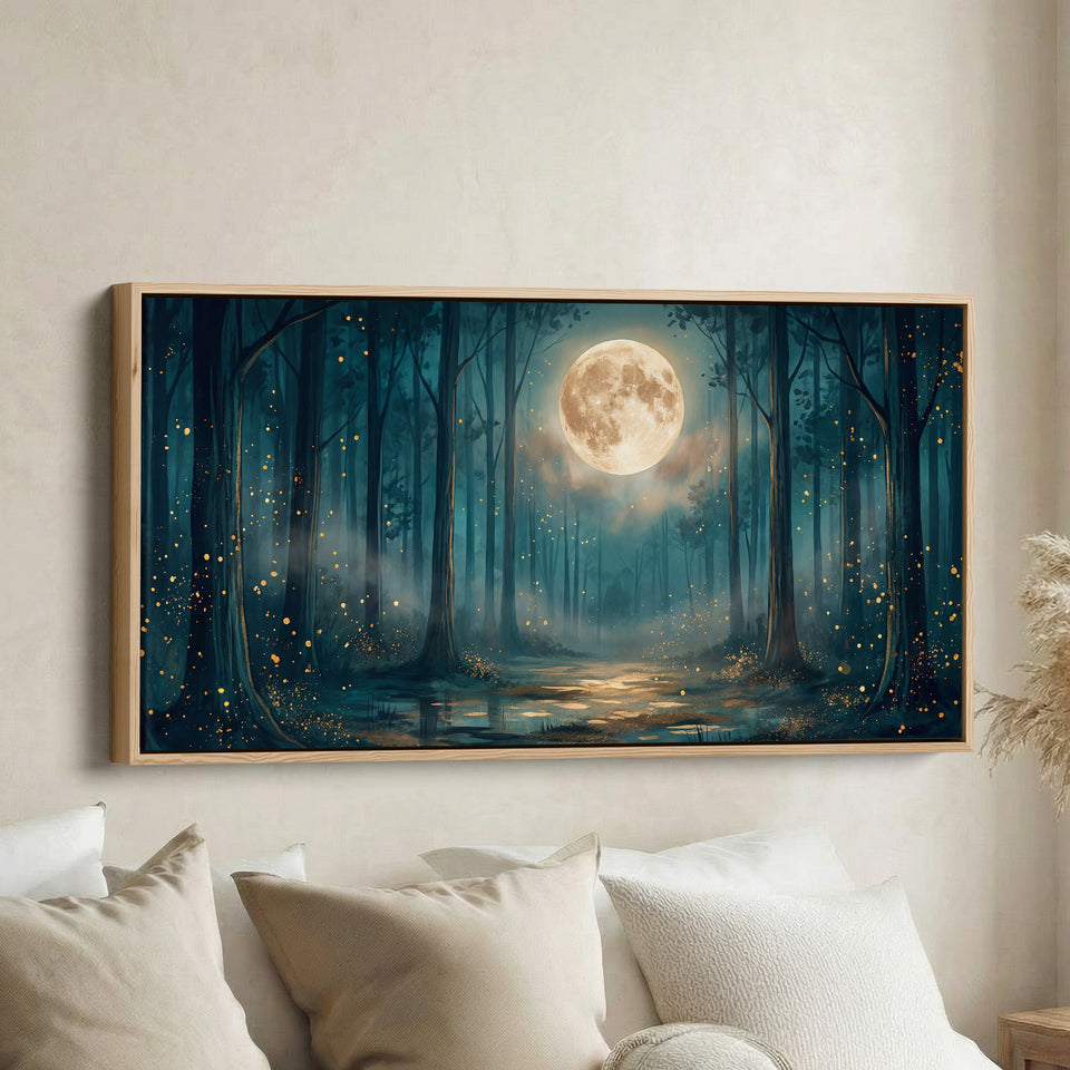 Moonlit Forest Panoramic Wall Art Horizontal Canvas Print For Bedroom