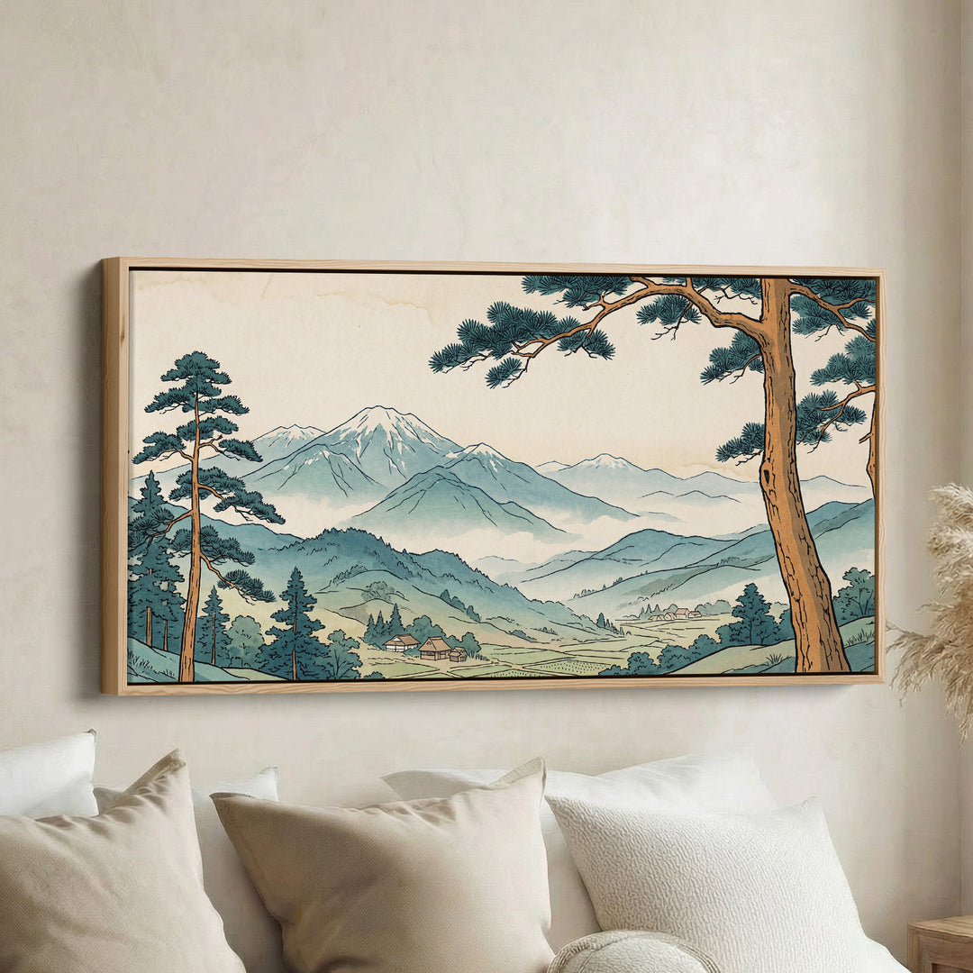 Japanese Mountain Landscape Wide Framed Canvas For Office