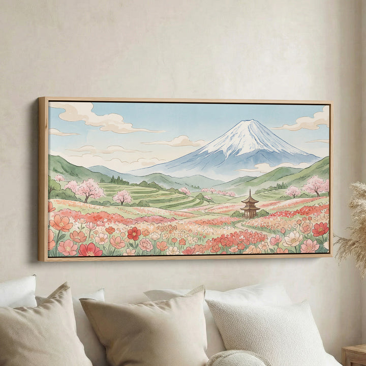 Mount Fuji Flower Field Long Wall Art Extra Wide Canvas For Living Room