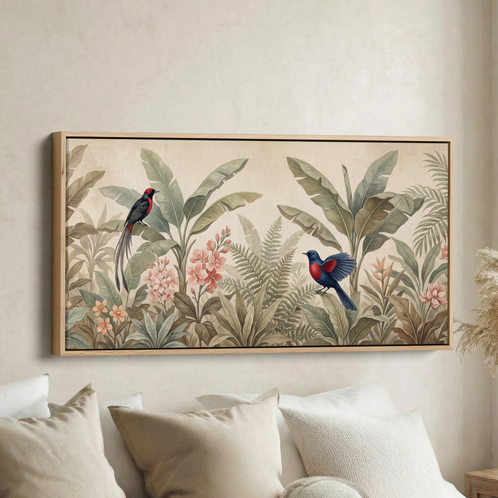 Tropical Birds Among Leaves Horizontal Wall Art Statement Wall Decor For Living Room