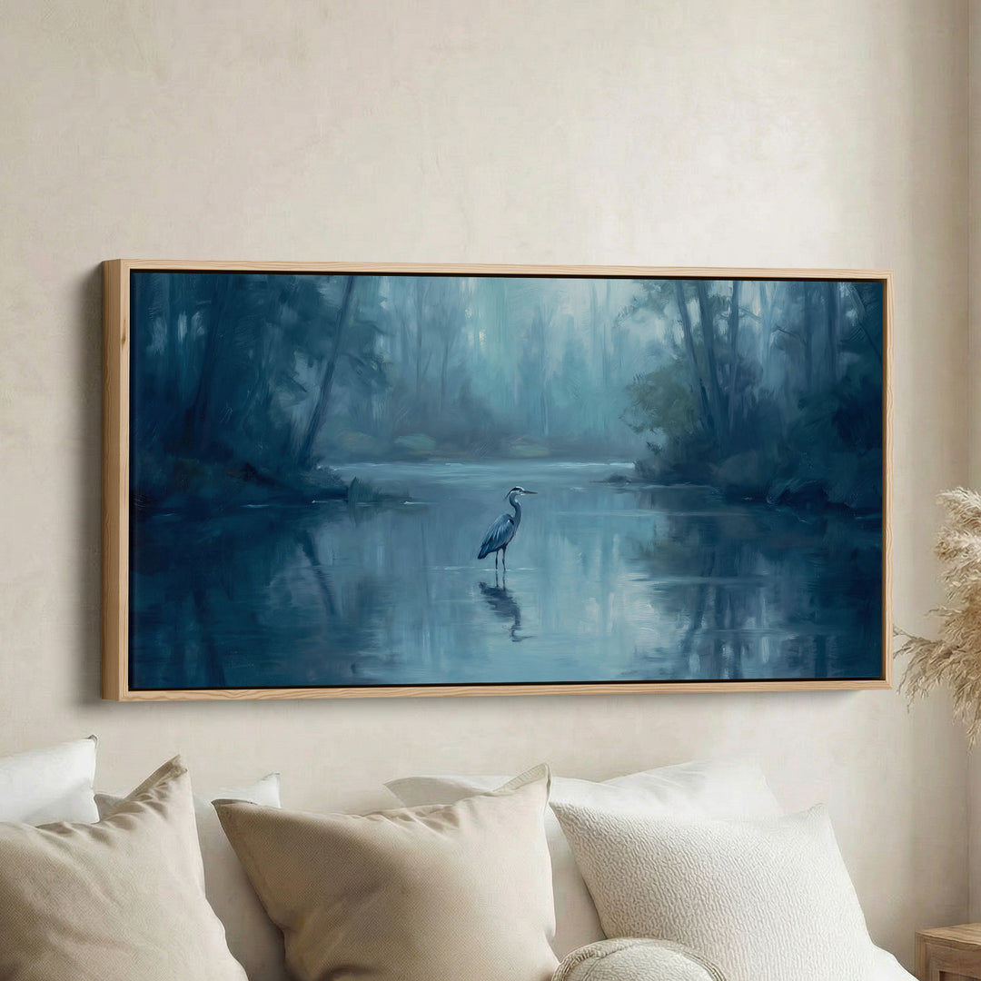 Misty Lake Heron Above Bed Wall Art Statement Wall Decor For Bedroom