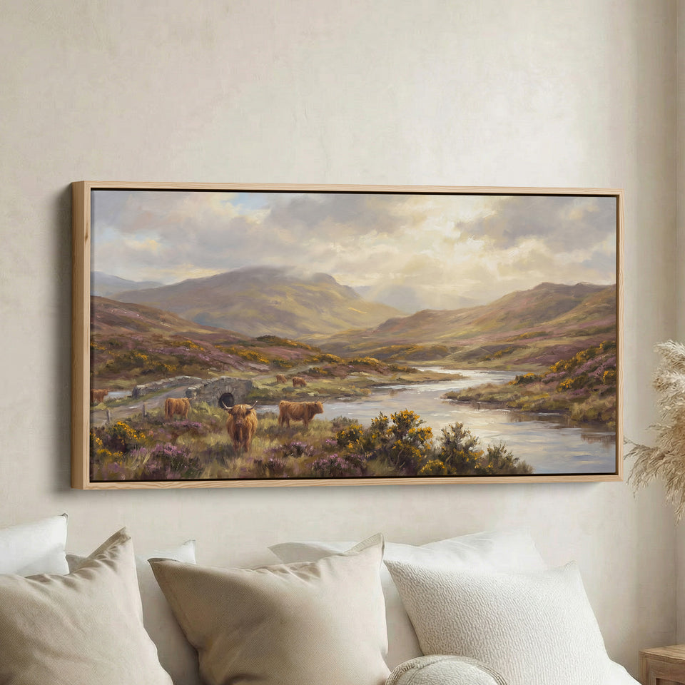 Highland Cows above soft wall art Extra Wide Canvas Office