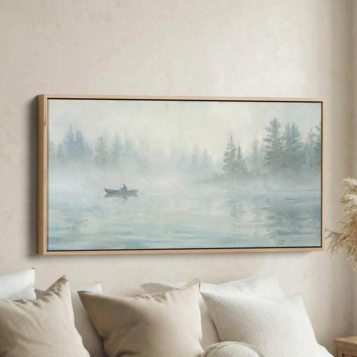 Misty Lake Boat large wall art Horizontal Canvas Print Office