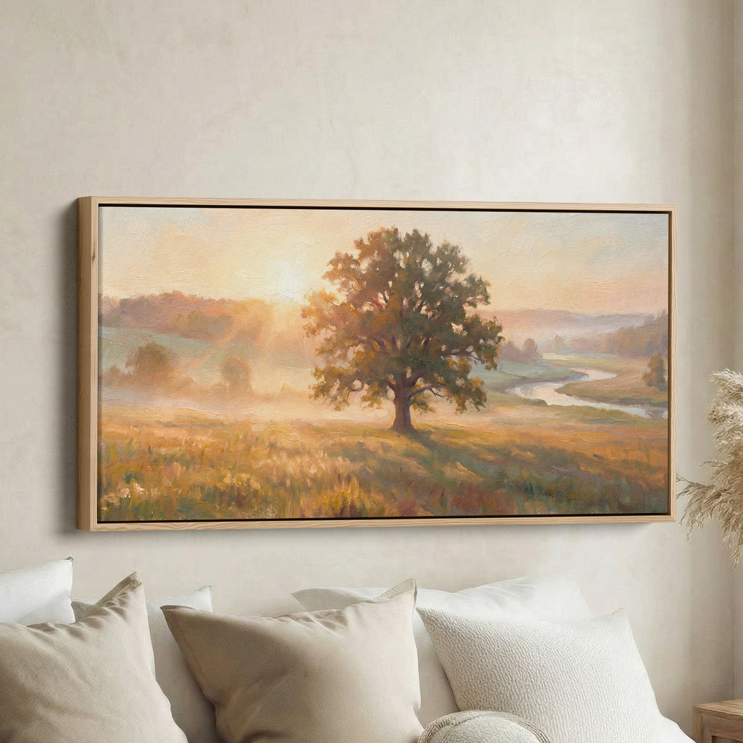 Lone Tree By River Above Bed Wall Art Horizontal Canvas Print For Bedroom