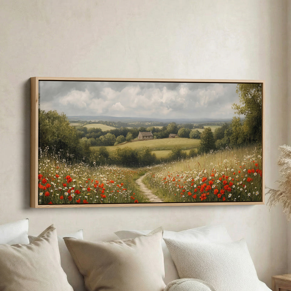 Wildflower Meadow Path Above Soft Wall Art Panoramic Canvas Print For Hallway