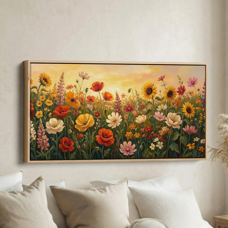 Colourful Wildflower Field Bedroom Wall Art Extra Wide Canvas For Bedroom