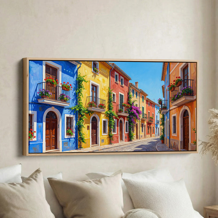 Colourful Village Street Wide Canvas Statement Wall Decor For Living Room