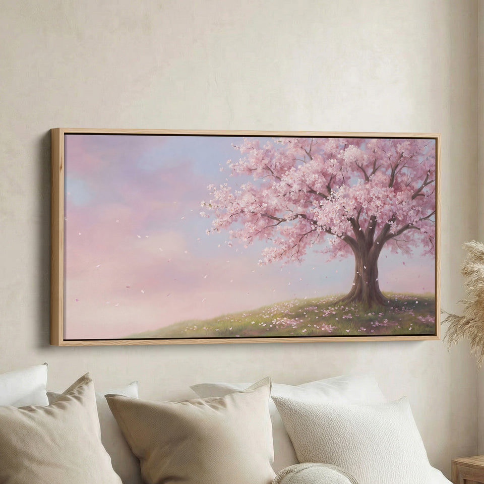 Cherry Blossom Tree Panoramic Wall Art Horizontal Canvas Print For Bedroom