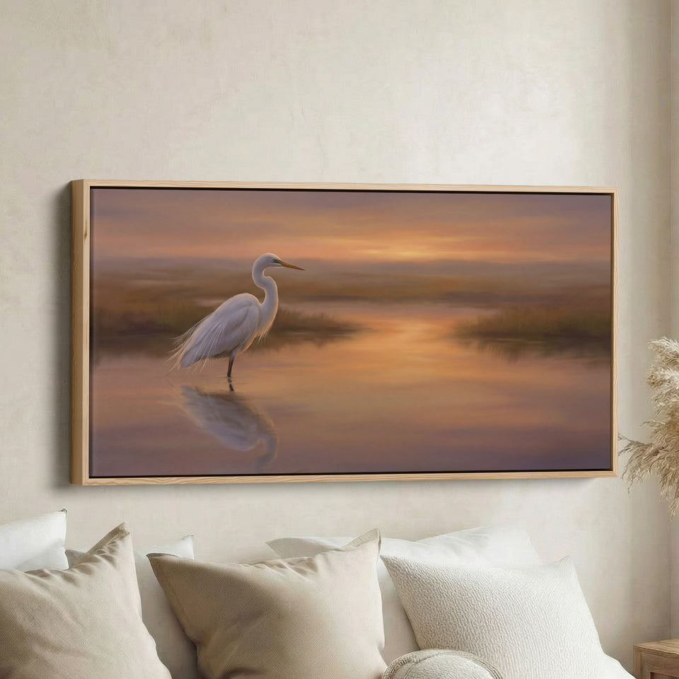 White Heron Long Wall Art Panoramic Canvas Print For Kitchen